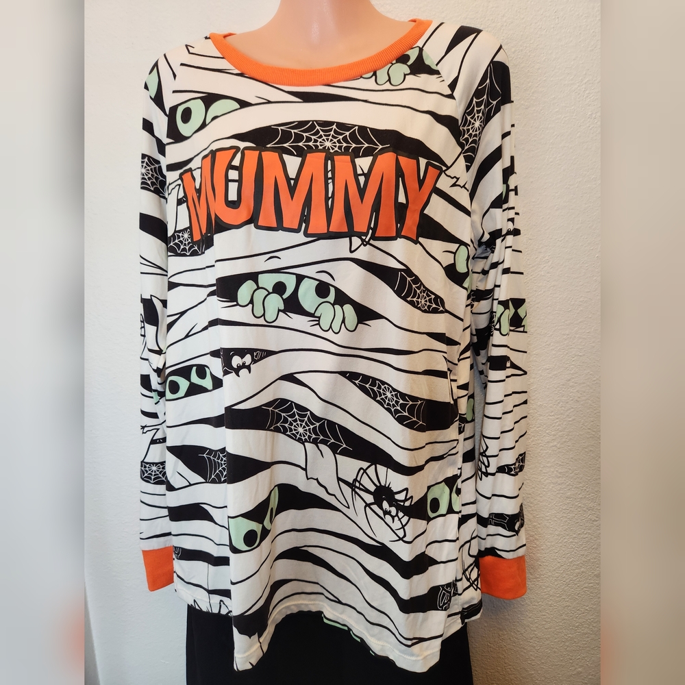 Halloween Mummy Long Sleeve Tee - Black, White, Orange